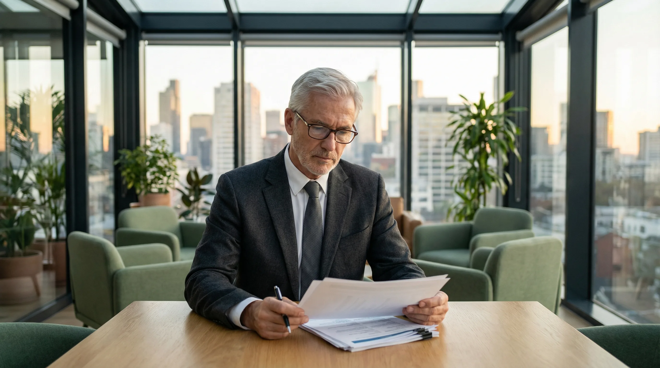 Senior security consultant reviewing compliance documents in a modern office