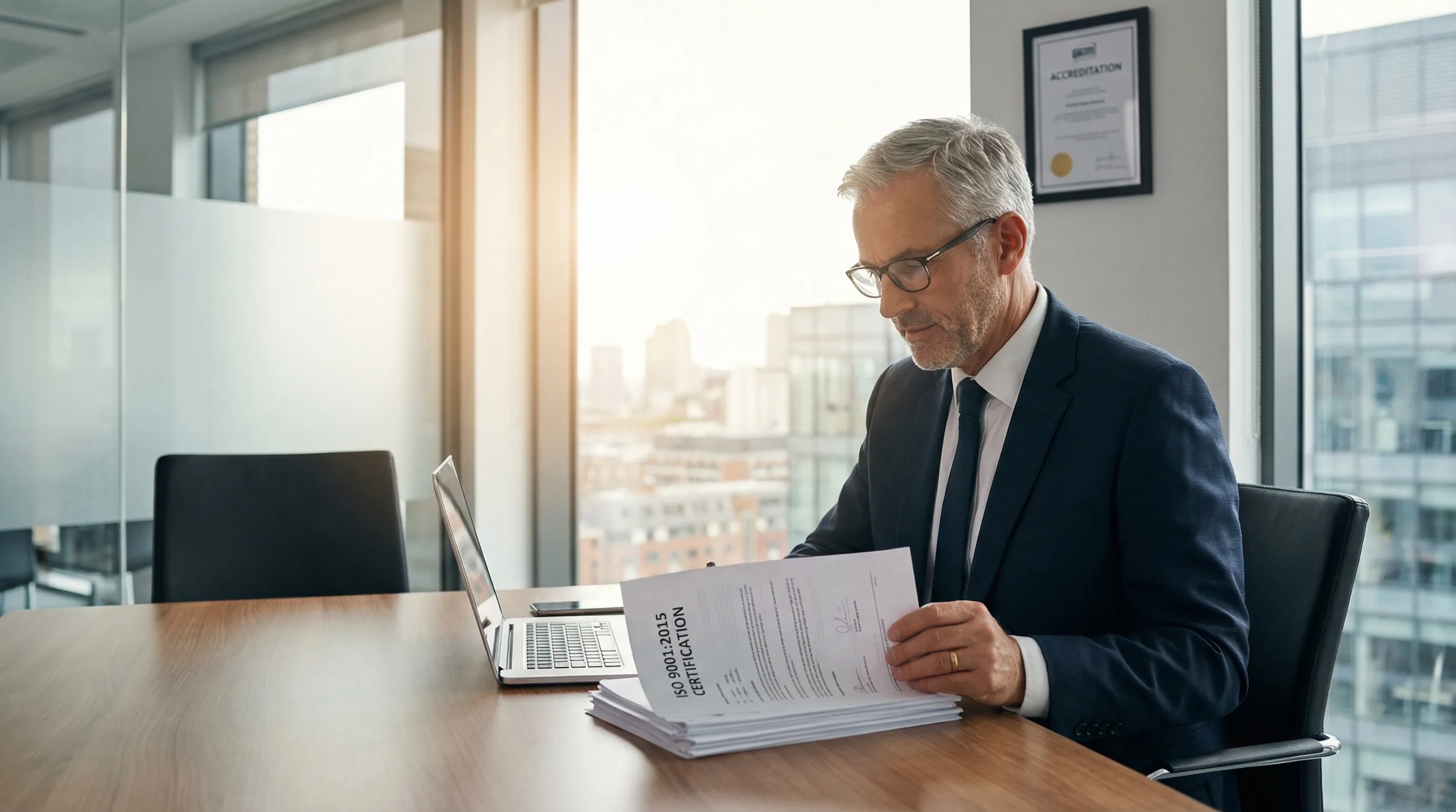 Professional executive reviewing compliance documentation