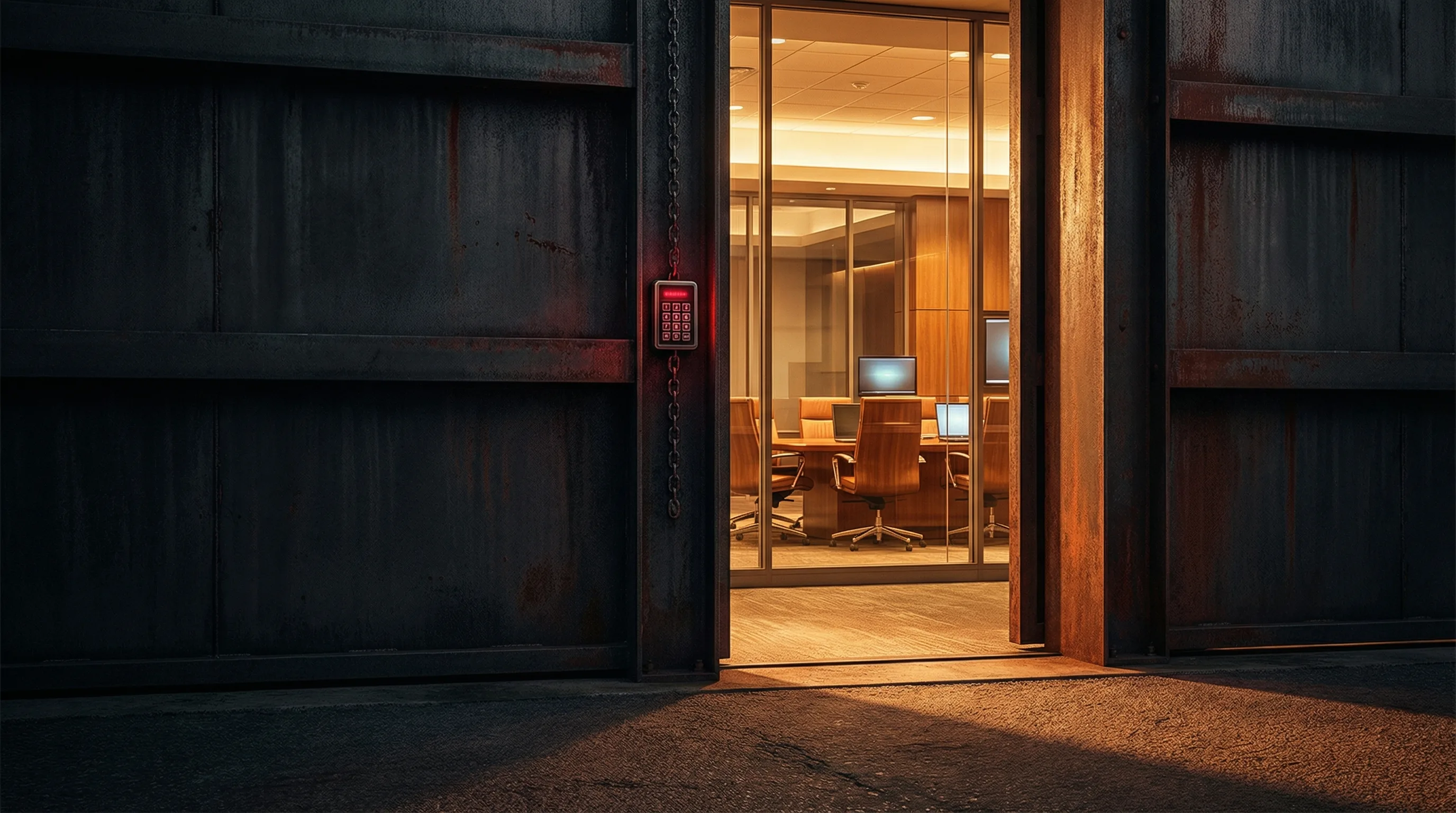 Steel security gate opening to reveal a bright corporate boardroom — the pass or fail procurement gateway