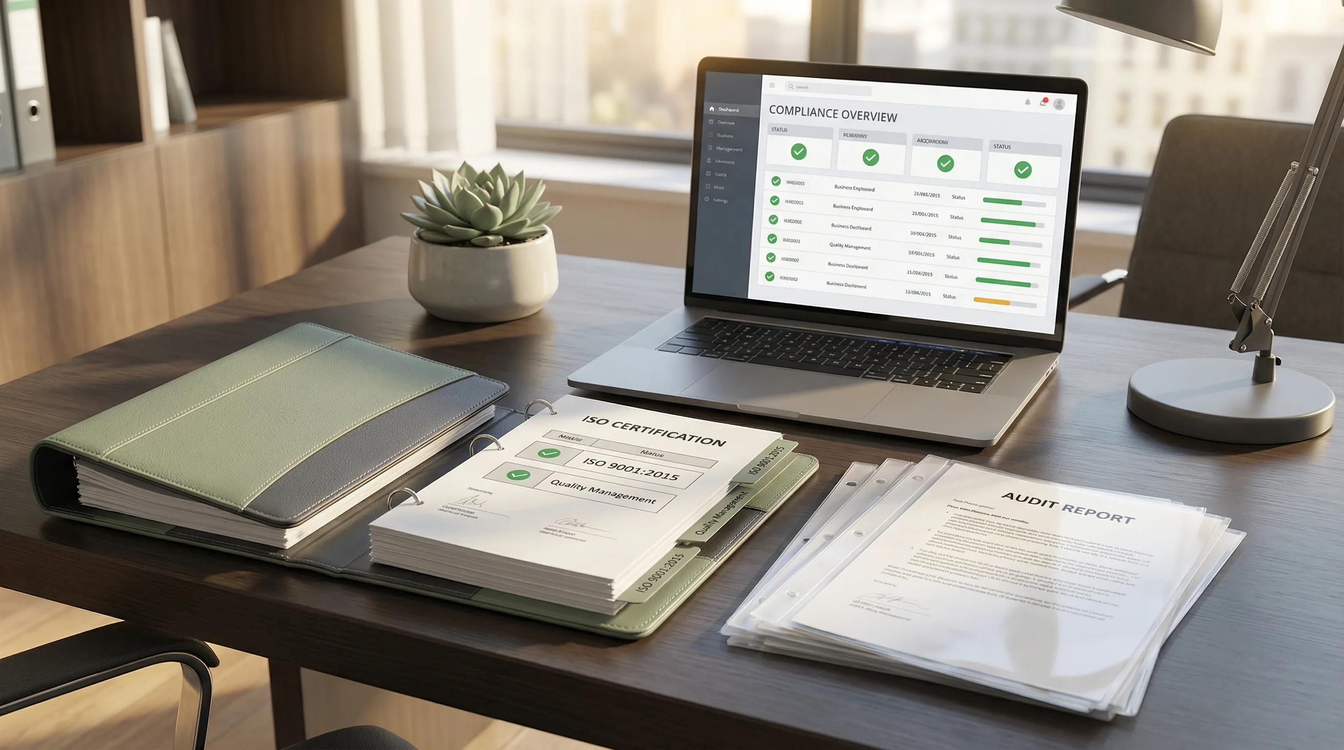 ISO compliance management system with certification documents and dashboard