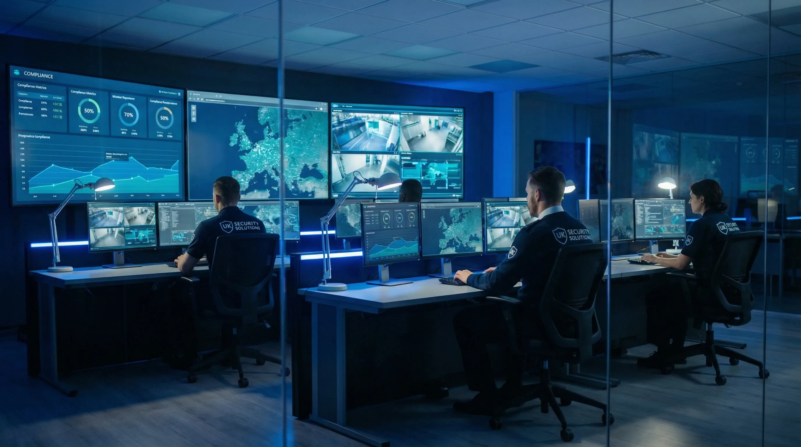 Security operations control room with compliance monitoring
