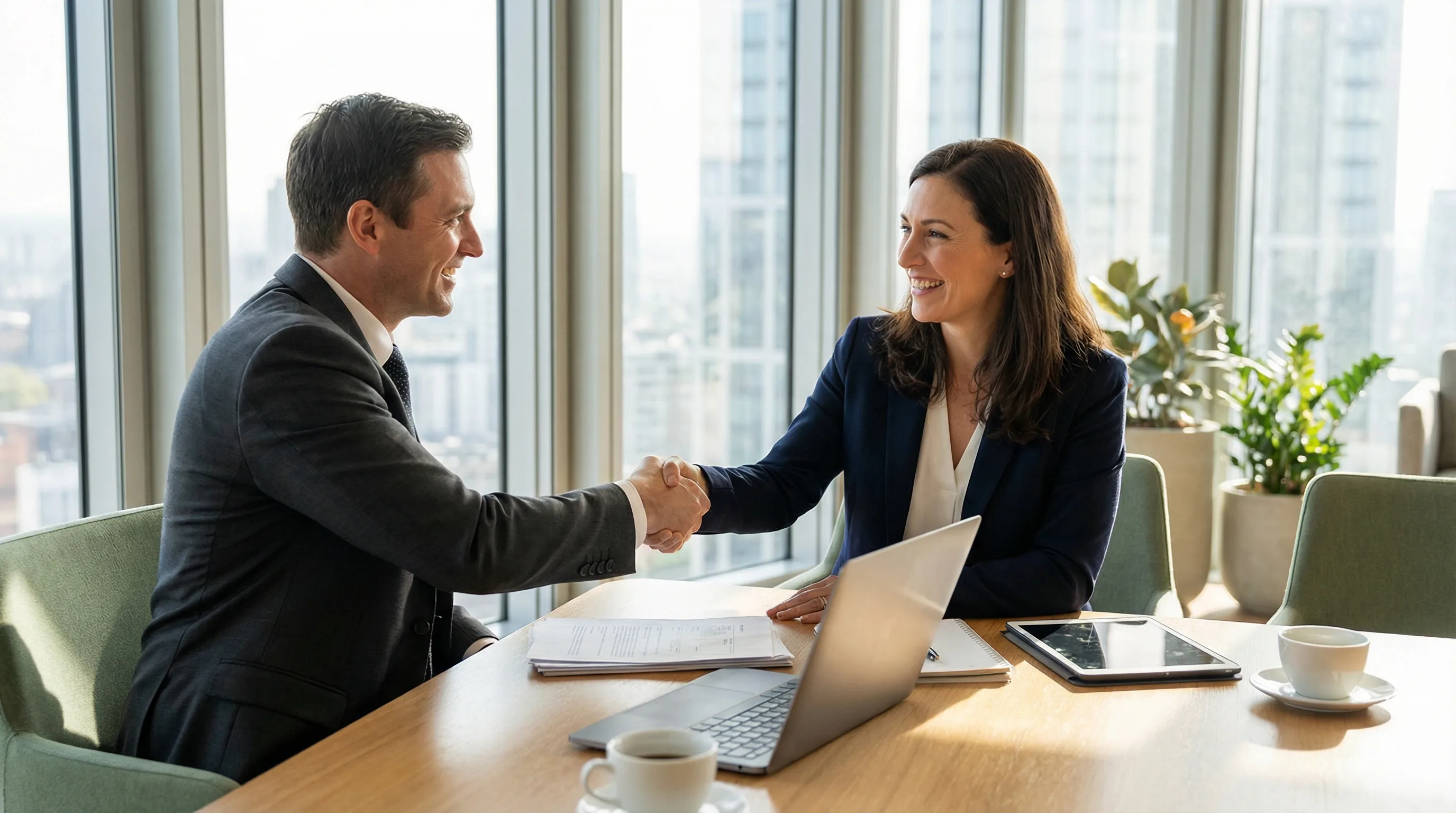 Business professionals shaking hands in a partnership meeting