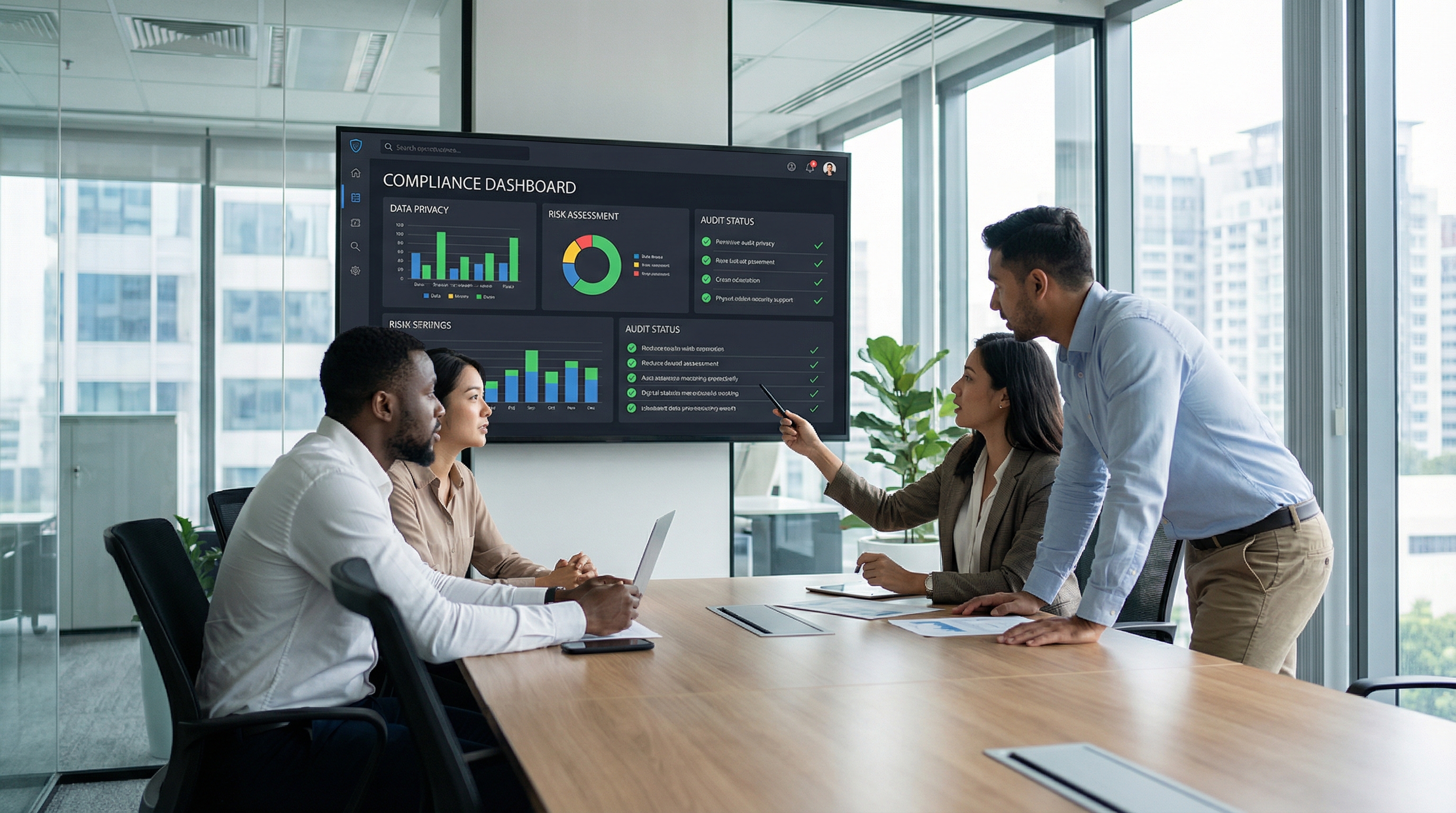 Security team reviewing compliance dashboard in modern meeting room