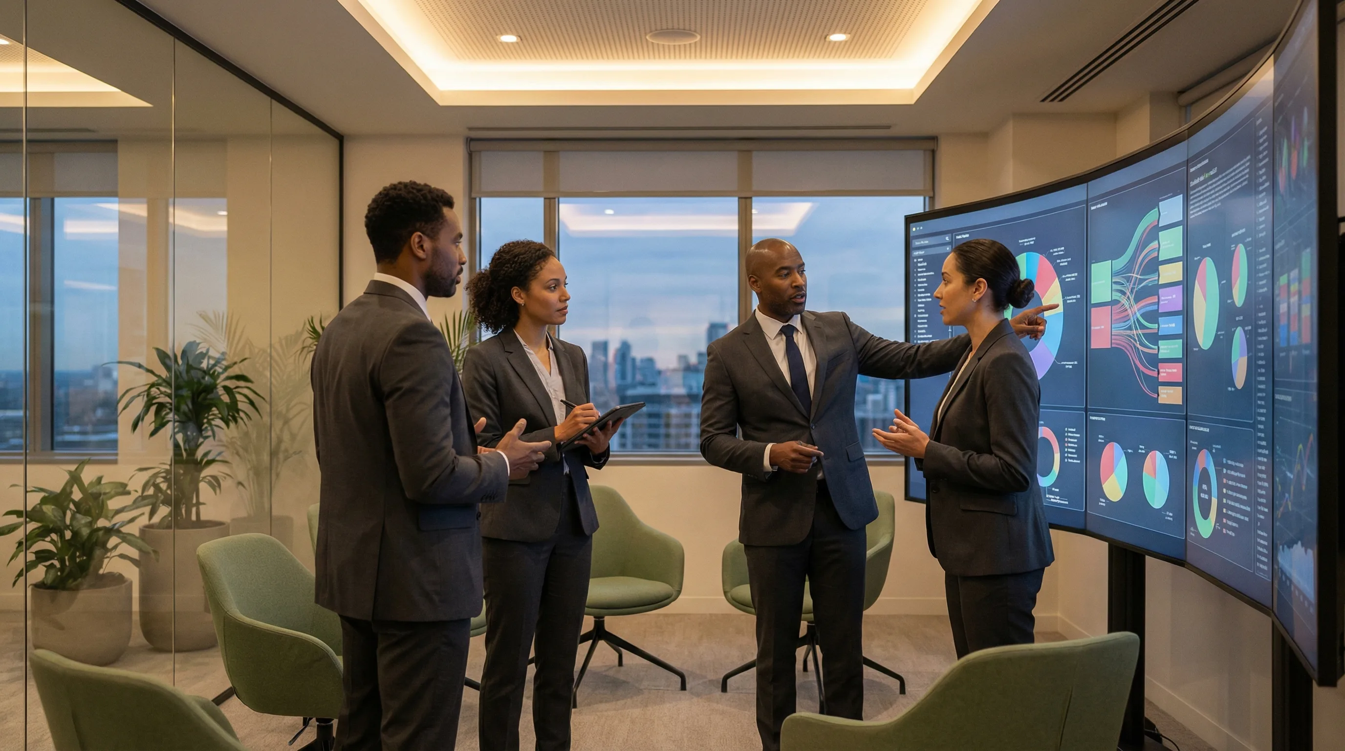 Professional security team collaborating around compliance metrics display